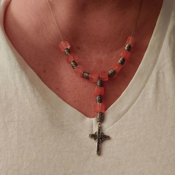 Designs by Danielle Jewelry - Handmade Necklace Pink Quartz & metal barrel spacers w/ metal cross Necklace